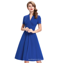 Belle Poque Stock Solid Farbe Kurzarm V-Ausschnitt Blau Vintage Retro 50s Kleid BP000070-2